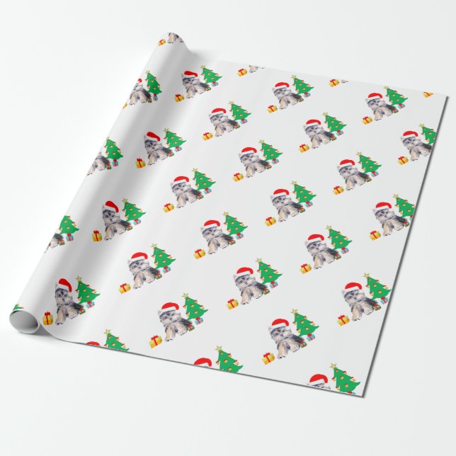 Christmas tree, cute Yorkshire puppy dog & gifts Wrapping Paper (Unrolled)