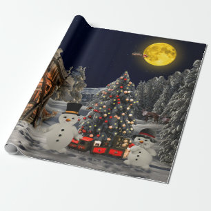 Christmas Tree Decor Santa sledge Cottage Snowman Wrapping Paper