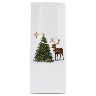 Christmas tree decorated with a reindeer and gifts wine gift bag
