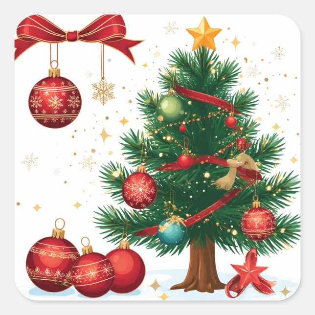 Christmas Tree Decorated With Red Ornaments Square Sticker (Front)