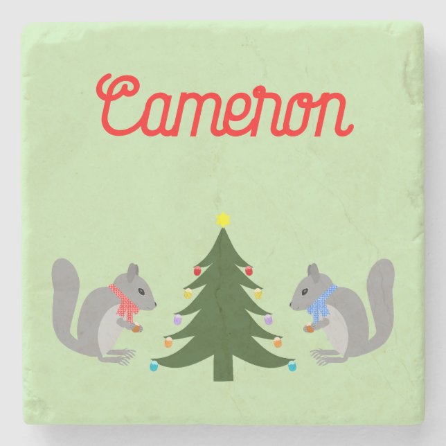 Christmas Tree Decorating Squirrels Custom Stone Coaster (Front)