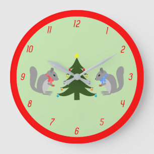 Christmas Tree Decorating Squirrels Large Clock