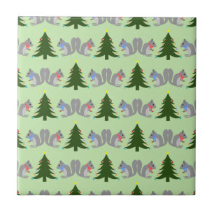 Christmas Tree Decorating Squirrels Patterned Ceramic Tile