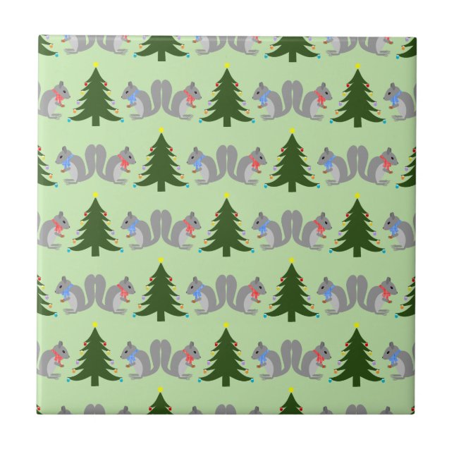 Christmas Tree Decorating Squirrels Patterned Ceramic Tile (Front)