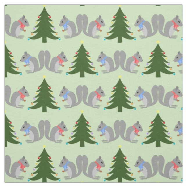 Christmas Tree Decorating Squirrels Patterned Fabric (Swatch)