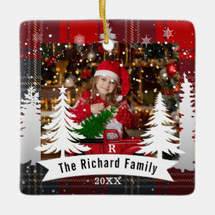 Christmas Tree Delivery Red Truck Plaid Photo Ceramic Ornament