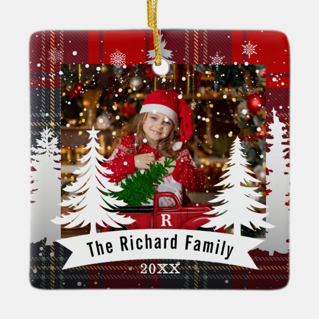 Christmas Tree Delivery Red Truck Plaid Photo Ceramic Ornament (Front)