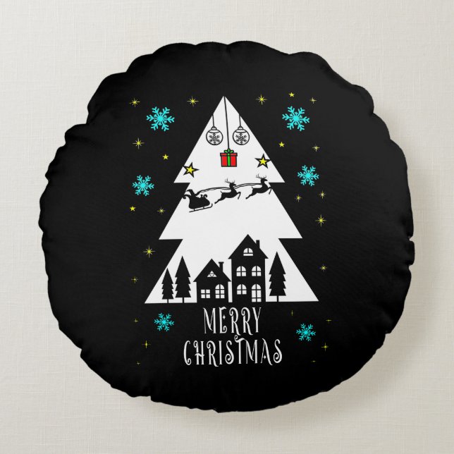 Christmas tree design with sleigh black round cushion (Front)