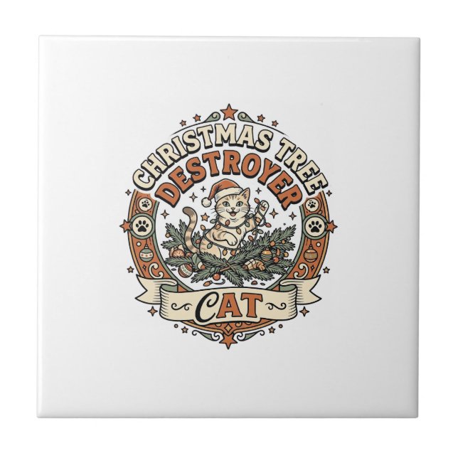 Christmas Tree Destroyer Cat Christmas Tree Destro Ceramic Tile (Front)