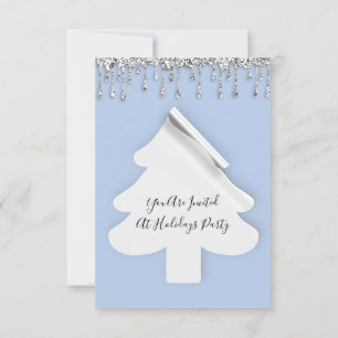 Christmas Tree Dinner Holidays Blue Silver Drips Invitation