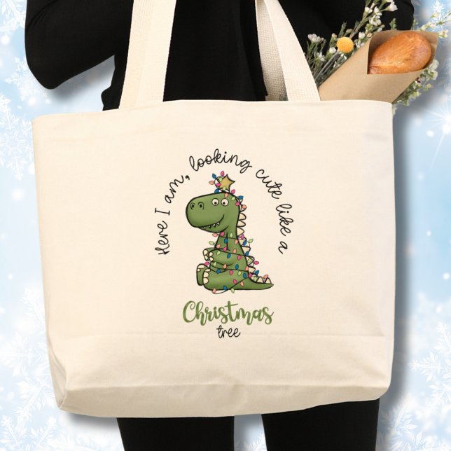 Christmas Tree Dinosaur Large Tote Bag (T-rex Christmas tree with Christmas light, Looking cute, Christmas tote bag)