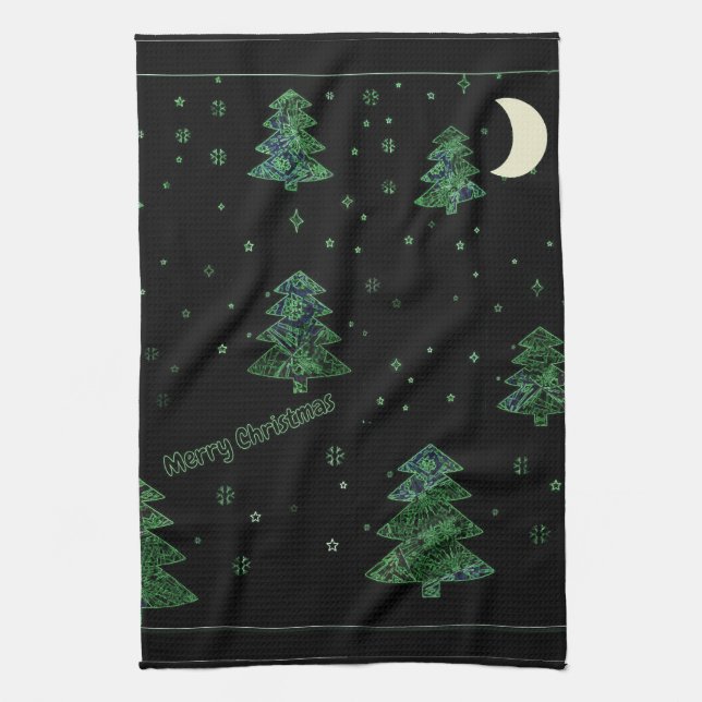 Christmas tree drawing, edge effect tea towel (Vertical)