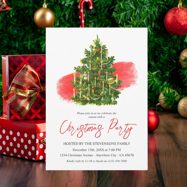 Christmas Tree Elegant Red White Holiday Party  Invitation (Creator Uploaded)