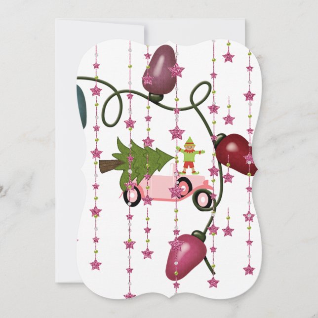 Christmas Tree Elf Pink Car Flat Greeting Card (Front)
