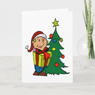 Christmas Tree Elf Places Present Gift Under Tree Holiday Card