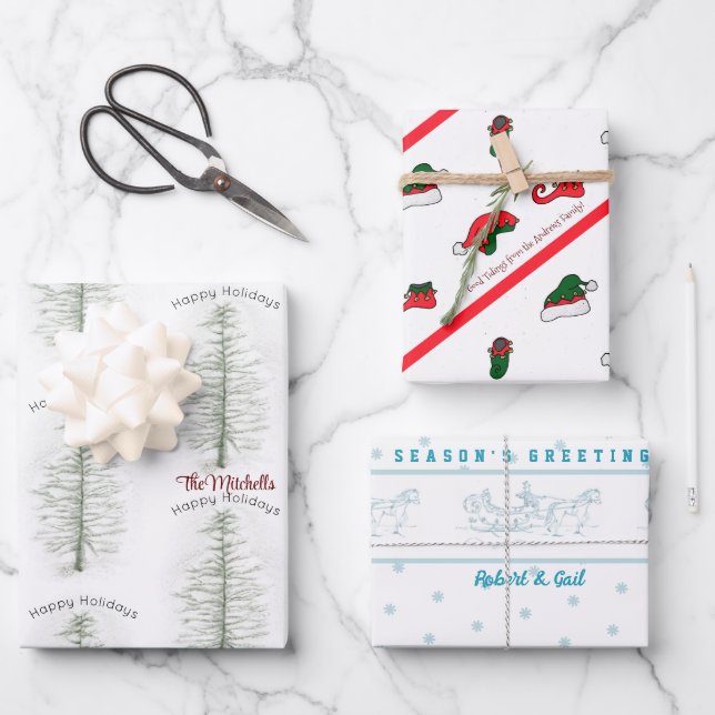 Christmas Tree Elf Sleigh Horse Holiday Custom Wrapping Paper Sheet (Front)