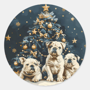 Christmas Tree English Bulldog Puppies Classic Round Sticker