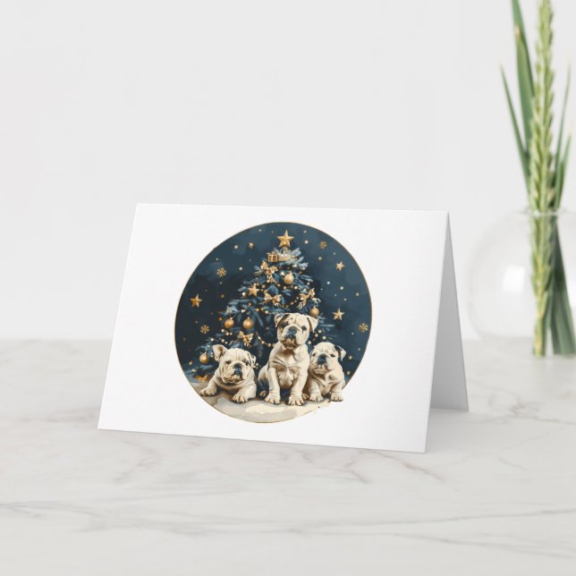 Christmas Tree English Bulldog Puppies Holiday Card (Front)