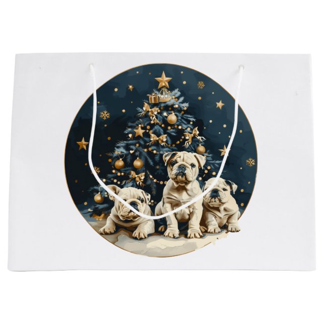 Christmas Tree English Bulldog Puppies Large Gift Bag (Front)