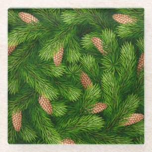 Christmas Tree Evergreen with Pine Cones Glass Coaster