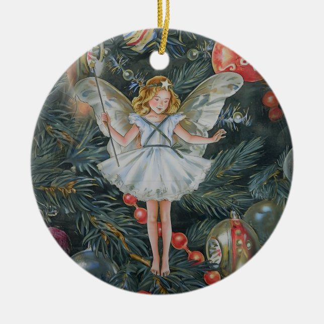 Christmas Tree Fairy Ornament, Personalised Ceramic Ornament (Front)