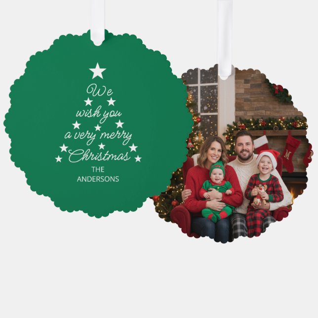 Christmas Tree Family Photo Typography Stars Green Decoration Card (Front/Back)