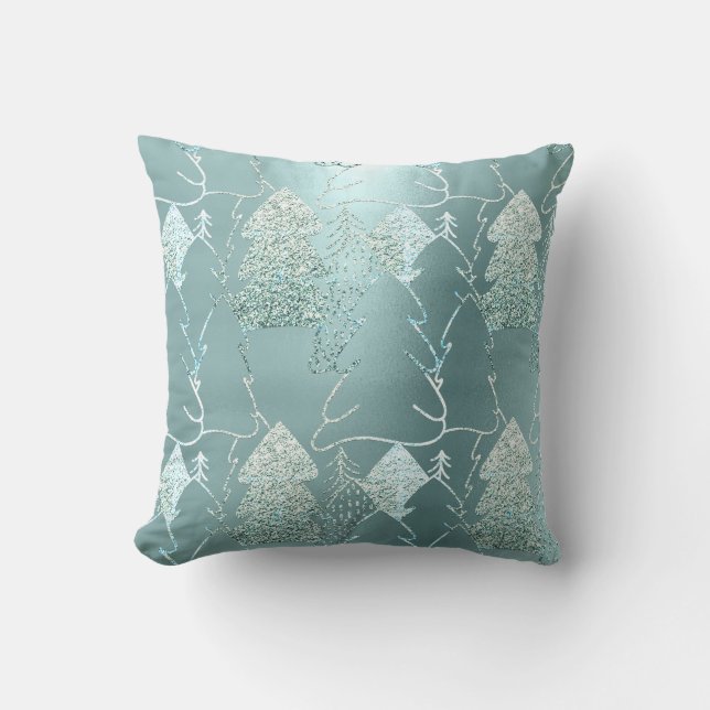 Christmas Tree Fancy Glitter Ice Blue Aqua Grey Cushion (Front)
