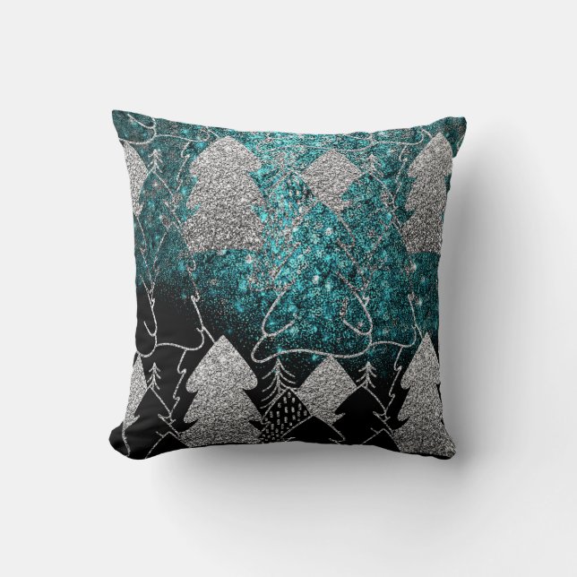Christmas Tree Fancy Glitter Ocean Blue Black Grey Cushion (Front)