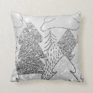 Christmas Tree Fancy Glitter Silver Grey Winter Cushion