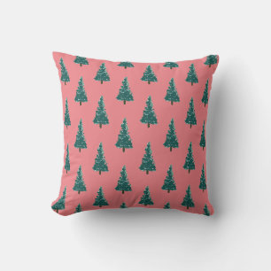 Christmas Tree Farm Illustration Holiday Pink Cushion