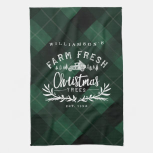 Christmas Tree Farm Vintage Truck Green Plaid Tea Towel