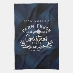 Christmas Tree Farm Vintage Truck Navy Blue Plaid Tea Towel