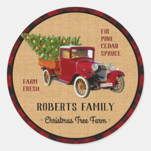 Christmas Tree Farm Vintage Truck Red Plaid Rustic Classic Round Sticker