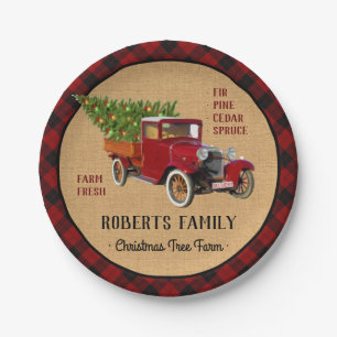 Christmas Tree Farm Vintage Truck Red Plaid Rustic Paper Plate