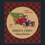 Christmas Tree Farm Vintage Truck Red Plaid Rustic Wine Label<br><div class="desc">Vintage red truck with painted look and Christmas tree "Merry Christmas" personalised from design | Rustic farmhouse look with red buffalo plaid and faux burlap</div>