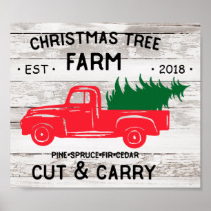 Christmas Tree Farm with Vintage Red Pick up Truck Poster