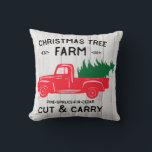 Christmas Tree Farm with Vintage Red Truck Pillow<br><div class="desc">Add a touch of Christmas anywhere with this festive, vintage style pillow . Christmas Tree Farm with an old fashioned red pick up truck carrying a Christmas tree. Traditional, festive Christmas colours on a white wood background. Perfect for any farmhouse, country or traditional home or office! Looks great anywhere! I...</div>