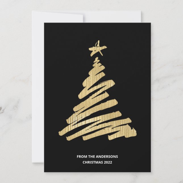 Christmas Tree Faux Gold Foil and Black Holiday Card (Front)