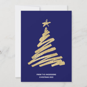 Christmas Tree Faux Gold Foil and Blue Holiday Card