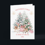 Christmas Tree Fawn Baby's First Christmas  Card<br><div class="desc">This design features colourful Christmas tree with pinkish baubles and poinsettias covered in snow,  and two cute fawn with presents. You can adjust text according to your requirements.</div>
