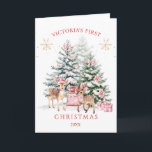 Christmas Tree Fawn Baby's First Christmas  Card<br><div class="desc">This design features colourful Christmas tree with pinkish baubles and poinsettias covered in snow,  and two cute fawn with presents. You can adjust text according to your requirements.</div>