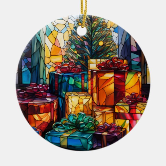 Christmas Tree Festive Gifts Stained Glass Ceramic Ornament (Front)