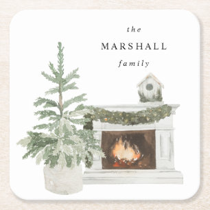Christmas Tree & Fireplace & Name Square Paper Coaster