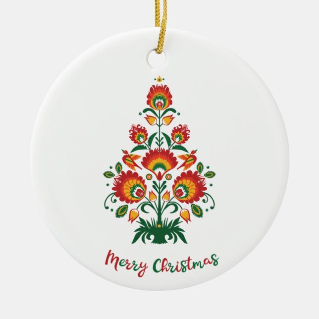🎄Christmas tree folklore [red, yellow] white Ceramic Ornament (Front)