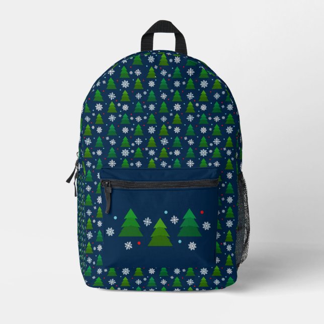 Christmas tree forest, snowflakes and red blue dot printed backpack (Front)