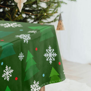 Christmas tree forest, snowflakes and red blue dot tablecloth