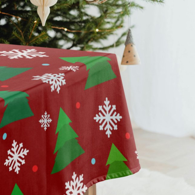 Christmas tree forest, snowflakes and red blue dot tablecloth (Modern Christmas trees with snowflakes and dots red tablecloth)