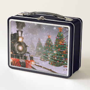 Christmas tree forest train  metal lunch box