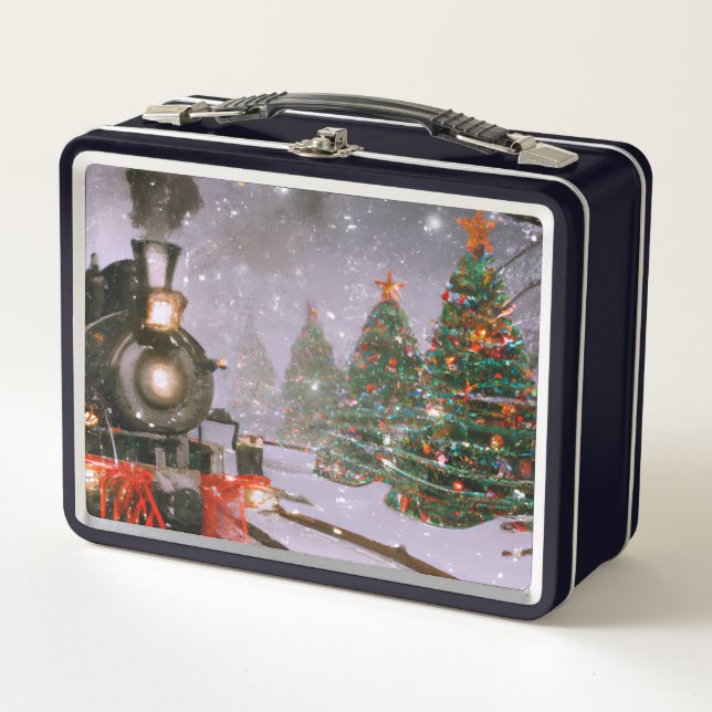 Christmas tree forest train  metal lunch box (Front)