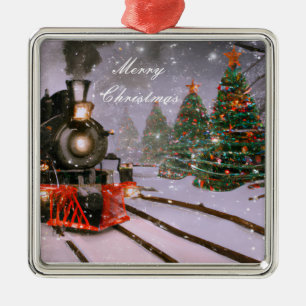 Christmas tree forest train metal ornament